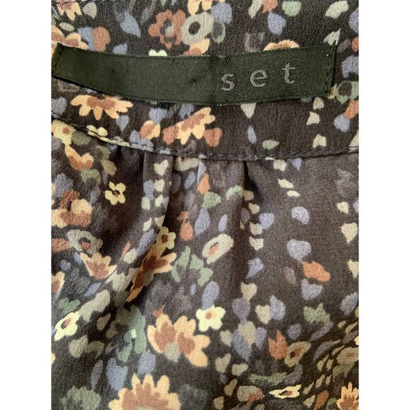 Set Silk Ditsy Floral Print Tie Neck Long Sleeve Blouse Top Black Size 8 - Picture 4 of 5